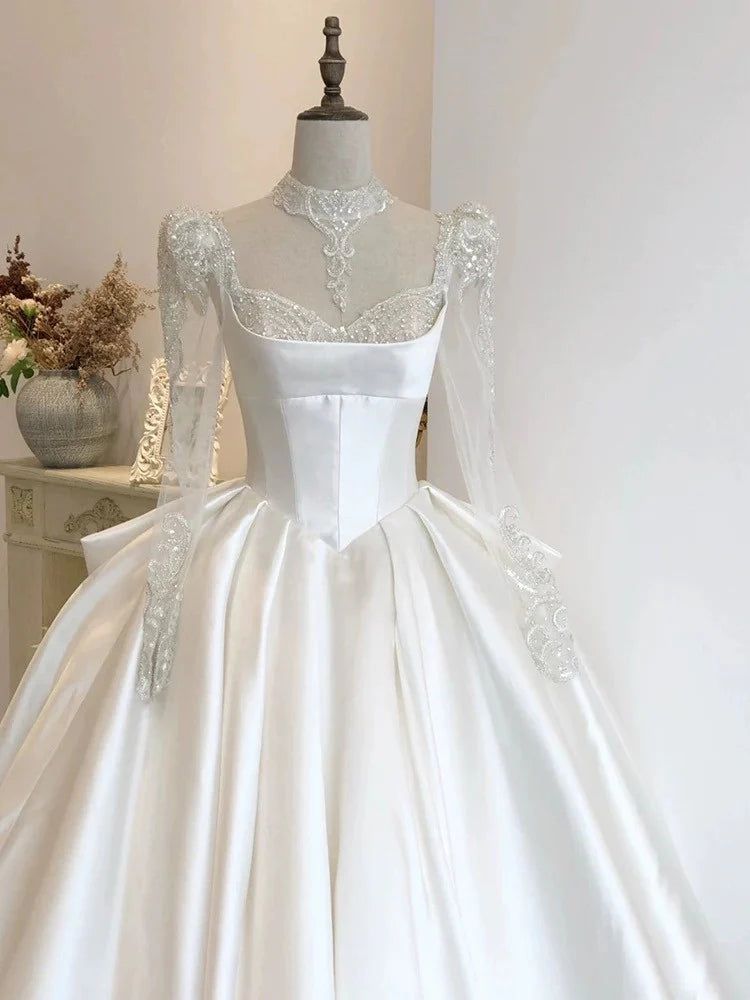 Buyishang Simple Ball Gown Sweetheart White Long Sleeves Satin Wedding Dresses With Beads dress for wedding